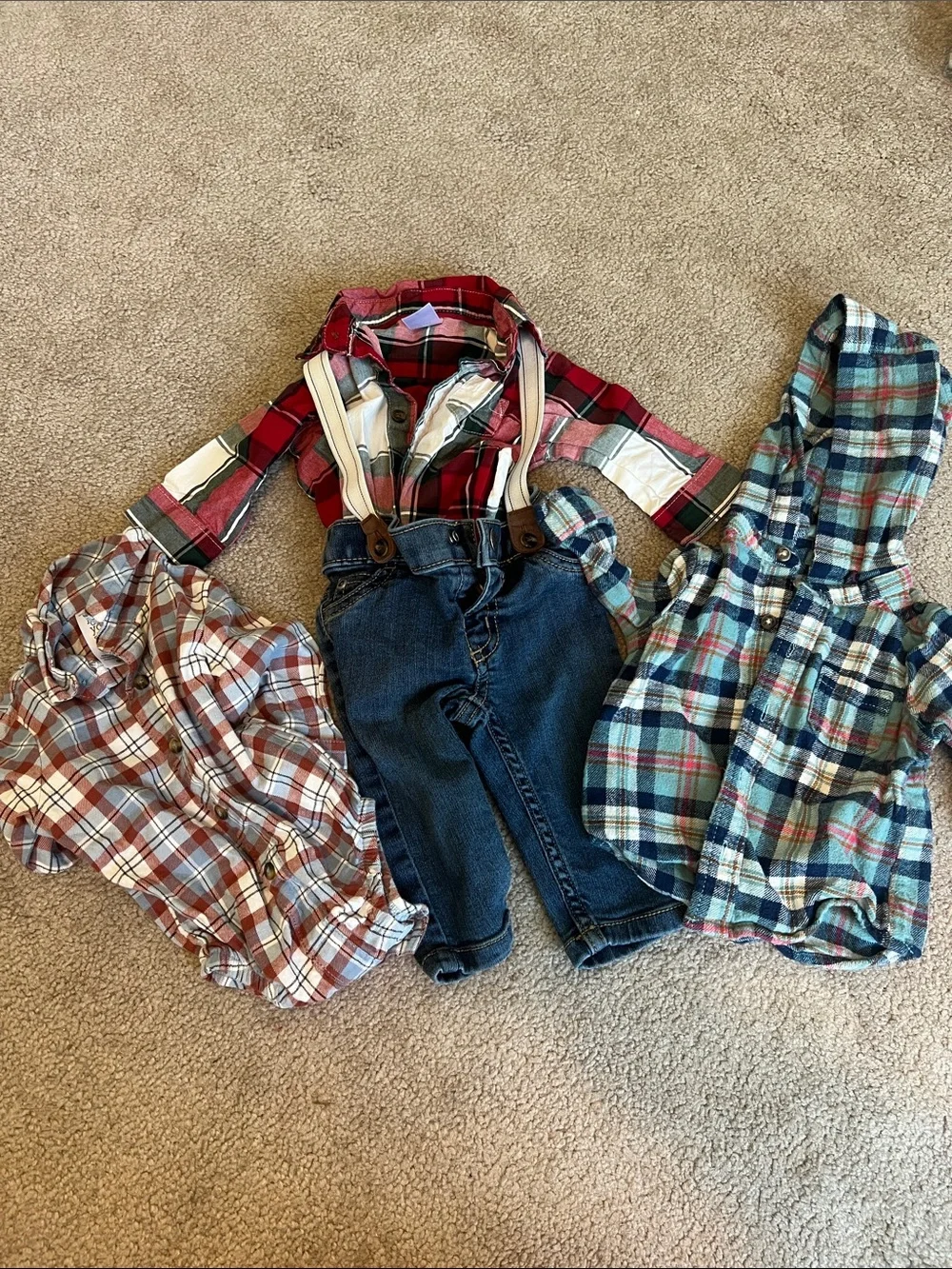 Toddler Plaid Outfit Set with Denim Pants and Suspenders - Red, Blue, Green